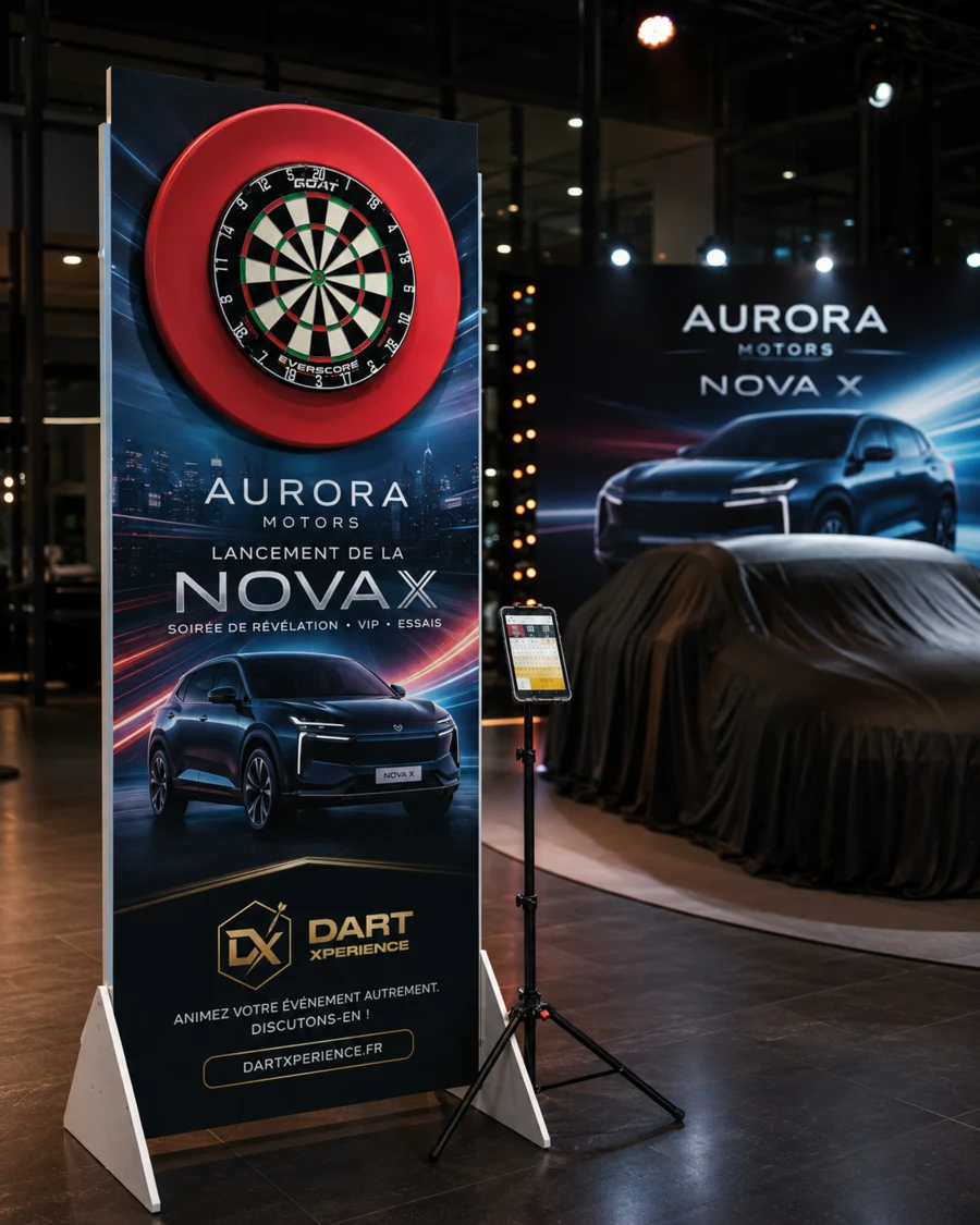 Support Dart Xperience personnalisé Aurora Motors lors d'un lancement automobile