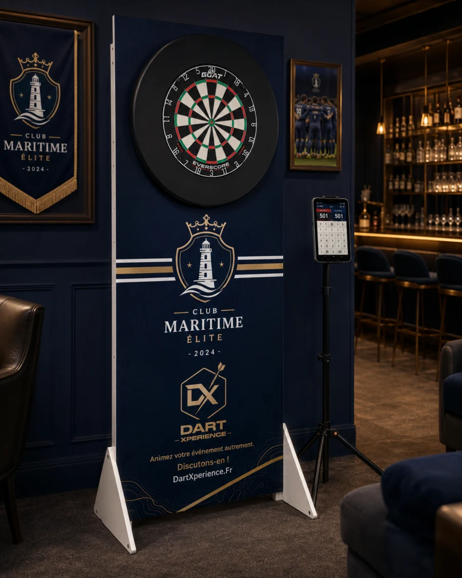 Support Dart Xperience personnalisé Club Maritime Élite dans un univers lounge premium